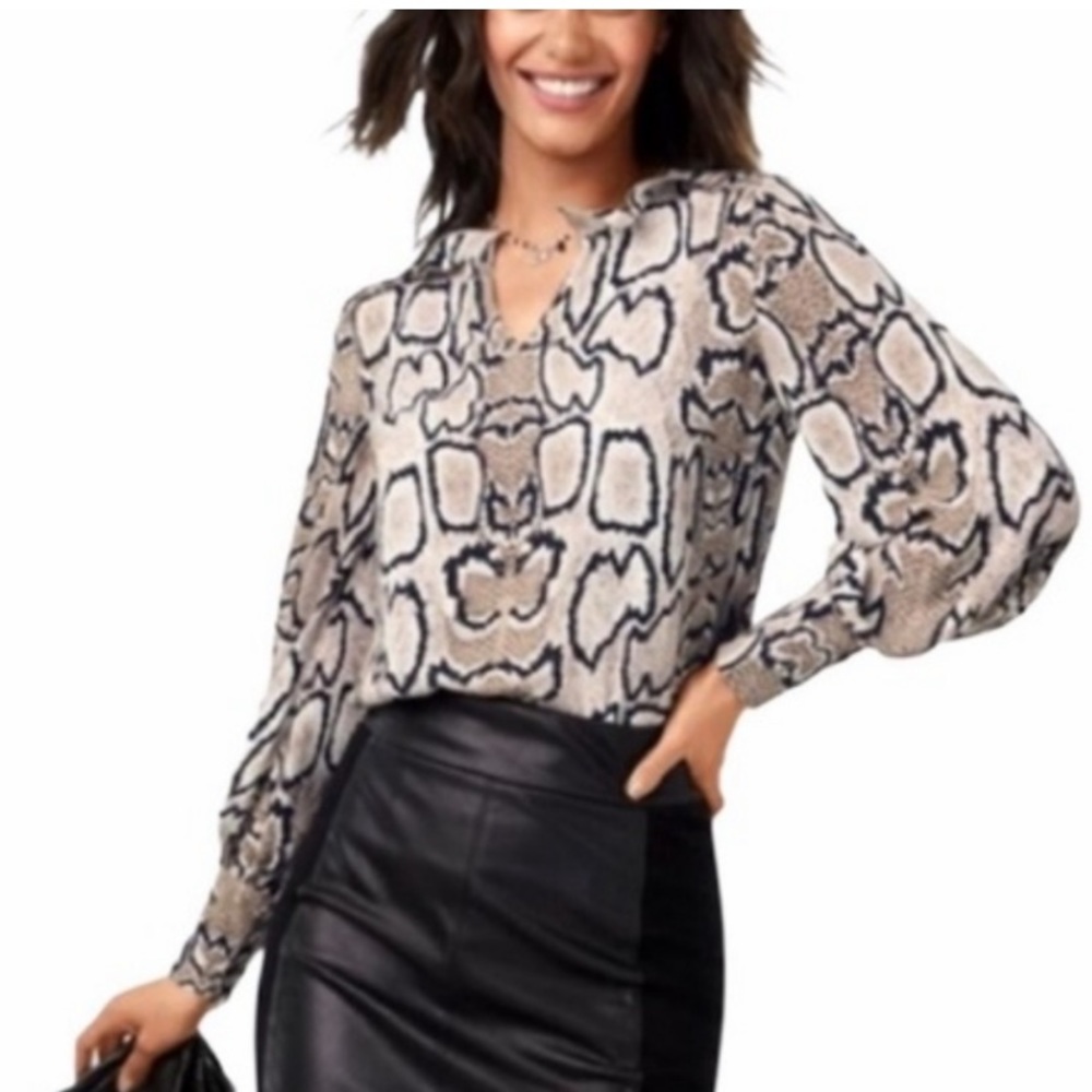 CAbi Beige and Black Snake-Print Blouse